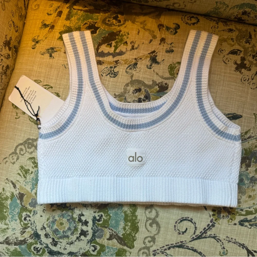 NWT ALO Yoga Tennis Club White and Crystal Blue Striped Knit Bra Top ONLY
